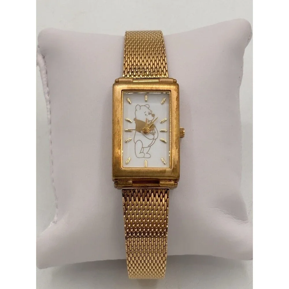 Vintage Disney Winnie the Pooh Tank Watch 18mm Womens Gold Tone New Battery